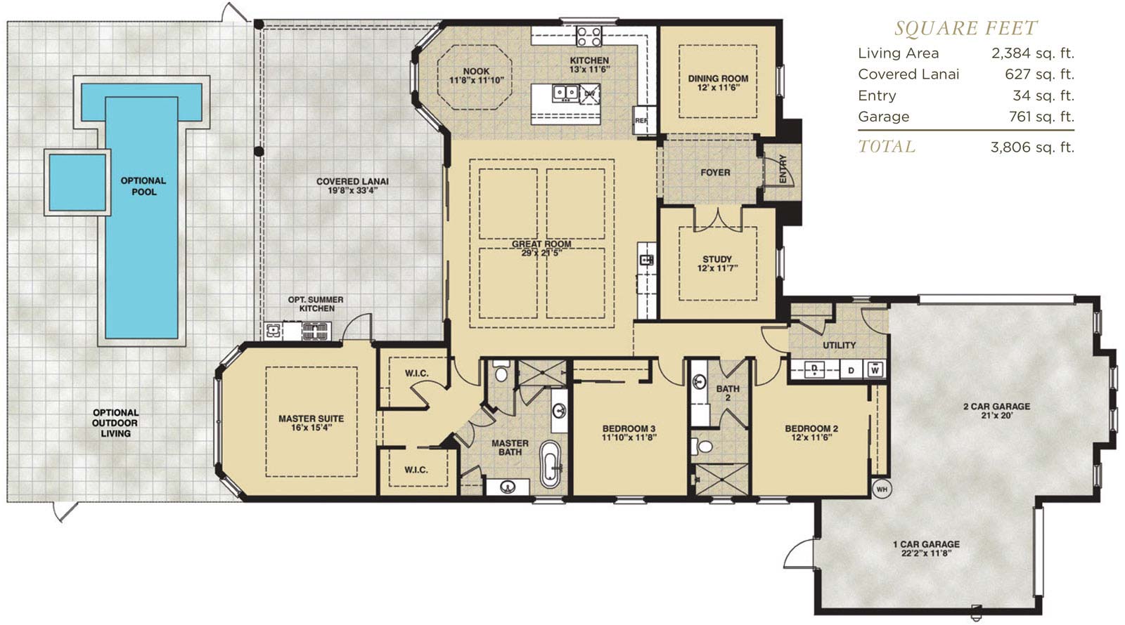 Biscayne Floor Plan in Hidden Harbor Estates, Fort Myers, Stock Construction, Three Bedroom, Two Bath, Great Room, Dining Room, Study, Covered Lanai, 2-Car Garage and 1-Car Garage